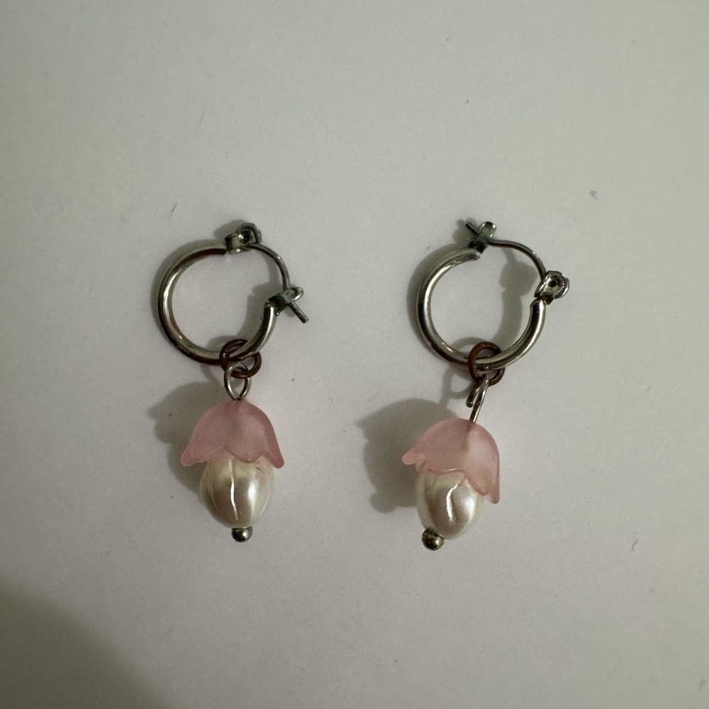 Urban Outfitters Silver Hoops with Pink Flower Caps and Pearl Drops